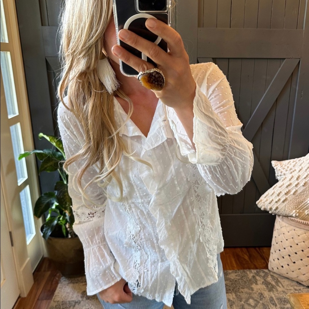 New Swiss Dot Cotton Lace Long Sleeve Button Front Romantic Blouse Top Blouse - Picture 5 of 7